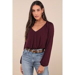 Lulus Chic On Repeat Plum Purple V-neck Long Sleeve Bodysuit - Size L